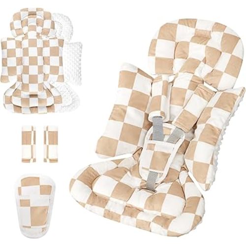 DILIMI Infant Car Seat Insert, Baby Car Seat Head Support with 3 Strap Paddings, Soft Newborn Car Seat Cushion for Stroller, Swing, Bouncers, Brown Checkered