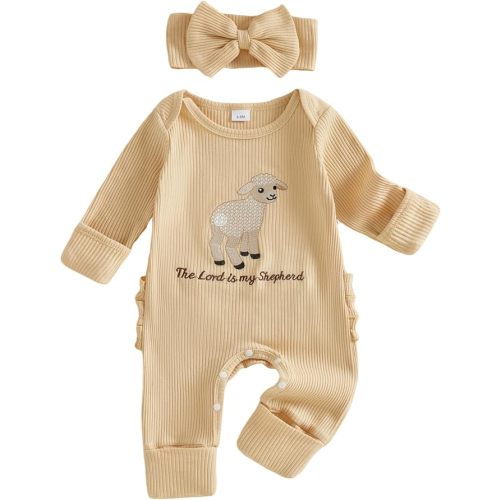 Infant Baby Girl Fall Outfit Romper Ribbed Embroidery Jumpsuit Long Sleeve Bodysuit Cute Newborn Clothes