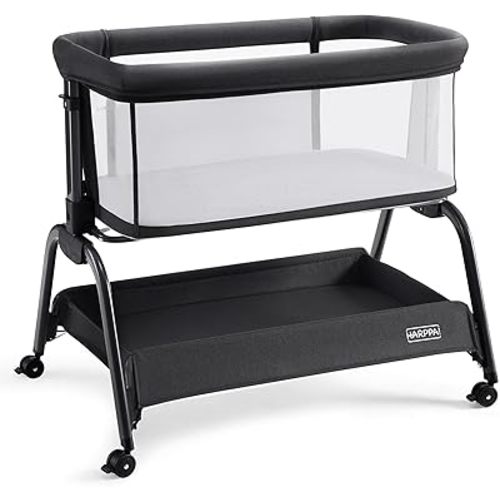 HARPPA Cuddly Bassinet, Baby Bassinet with Breathable Mesh and Waterproof Mattress, 6 Height Adjustable Bedside Sleeper with Anchor Strap, Storage Basket and Wheels, Dark Gray