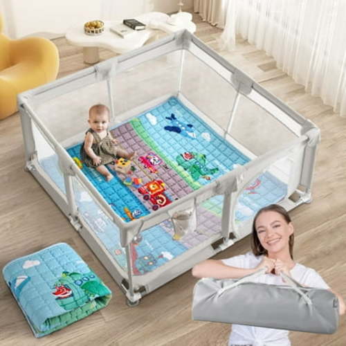 Beavtaens Baby Playpen with Mat, 50"x50" Baby Play Yard with Anti-Slip Base, for 0-18 Months