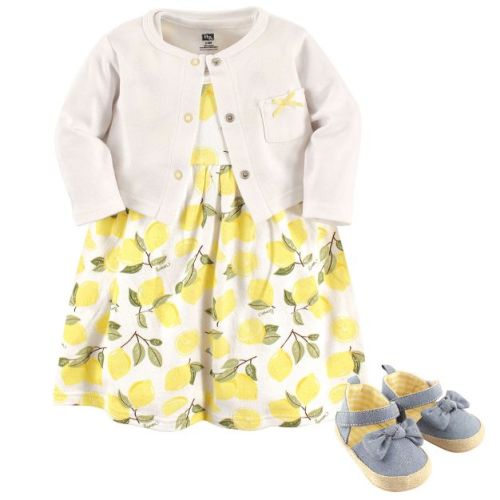 Hudson Baby Infant Girl Cotton Dress, Cardigan And Shoe 3pc Set, Lemon, 0-3 Months