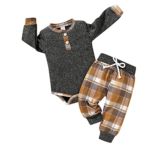 I'm so thankful Newborn Baby Boy Fall Clothes Infant Plaid Long Sleeve Button Romper and Pants Set Winter Outfits