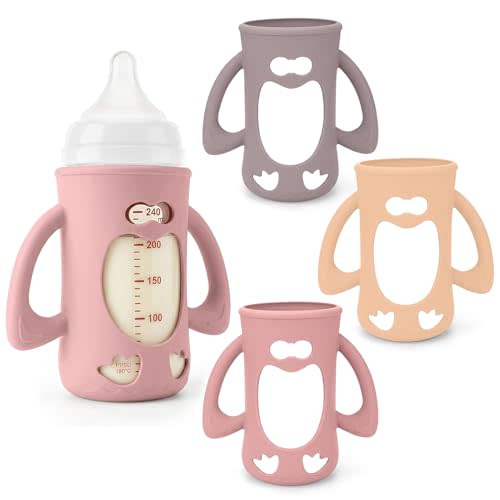 3 Pack Silicone Baby Bottle Handles & Holders for Pigeon Bottles 8.1oz, Food Grade Anti-Breakage Silicone Sleeve for Glass Bottle - Great Upgrade for Your Baby Bottle Sets (Pink+Beige+Gray)