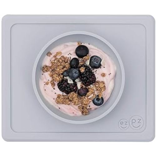ezpz Mini Bowl for 12 Months+ (Pewter) - 100% Silicone Suction Bowl with Built-in Placemat for Toddlers - Comes with a Reusable Travel Bag