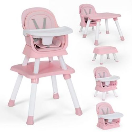 Kinder King 8 in 1 Baby High Chair, Coverts to Dining Booster Seat, Removable Tray & Double Seat Cover, Easy to Wipe, White & Pink