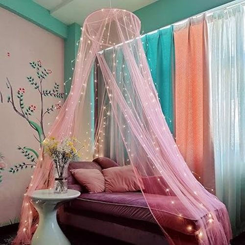 Eimilaly Bed Canopy Mosquito Net with 250pcs Warm White Curtain Lights, for Girls Room Decor or Theme Party, Pink/Warm Lights