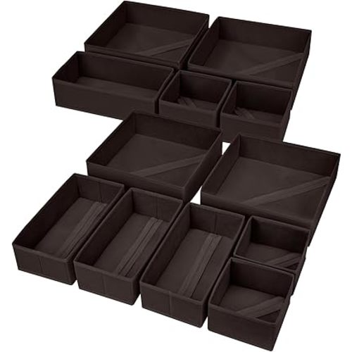 DIMJ Drawer Organizer Clothes, 12 Pack Underwear Organizer, Foldable Closet Organizers, Sock Organizer Bra Organizer, Fabric Dresser Organizer for Clothes, Bra, Socks, Tie (Brown)
