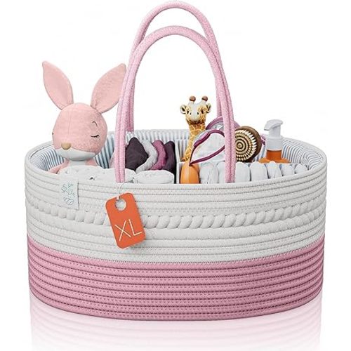 KiddyCare Woven Diaper Caddy Organizer, Large Gray Multi Functional Portable Baby Basket with Handle, Baby Gift for Boy/Girl Nursery Storage, Organization, and Modern Car Diaper Caddy Pink X-Large