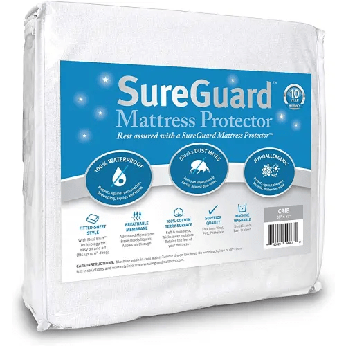 SureGuard Crib Size Mattress Protector - 100% Waterproof, Hypoallergenic - Premium Fitted Cotton Terry Cover