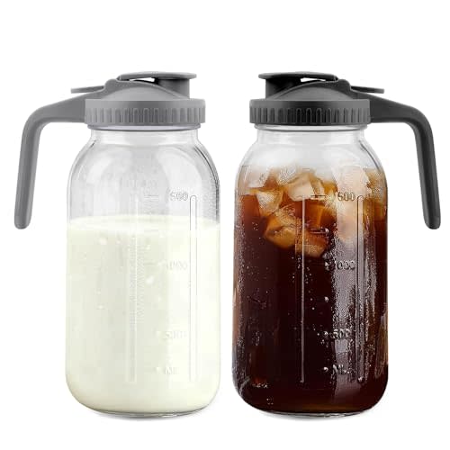 64 Oz Glass Pitcher with Lid 2 Pack, 2 Quart Heavy Duty Breast Milk Pitcher, Thickened Glass, Leak-Proof, Wide Mouth Mason Jar with Pouring Airtight Lid,Ideal for Fridge Storage(pack of 2)