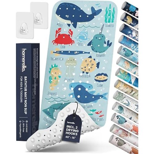 Bath Tub Mat Non Slip Anti Mold for Kids BPA Free INCL Hooks - homerella® Ocean Sea Animals 40x16, Baby Bath Mat Non Slip 200 Suction Cups, Non Toxic Machine Washable Toddler Bath Mat, EU Certified