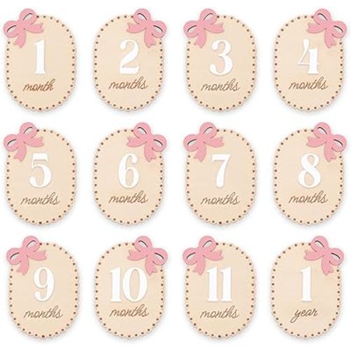 Baby Monthly Milestone Signs, Double Sided Wooden 1-12 Months Baby Signs with Pink Bow, Birth Announcement Sign, Baby Welcome Sign, 1 Month Baby Girl Photo Props & Milestone Markers, 4 in