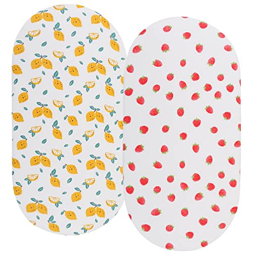 Bassinet Sheets (33" x 19") Compatible with Mika Micky, Baby Delight, Dream On Me, Amke and Other Rectangle Mattress, 2 Pack Fitted Sheets, 100% Jersey Knit Cotton 190GSM, Lemon and Strawberry
