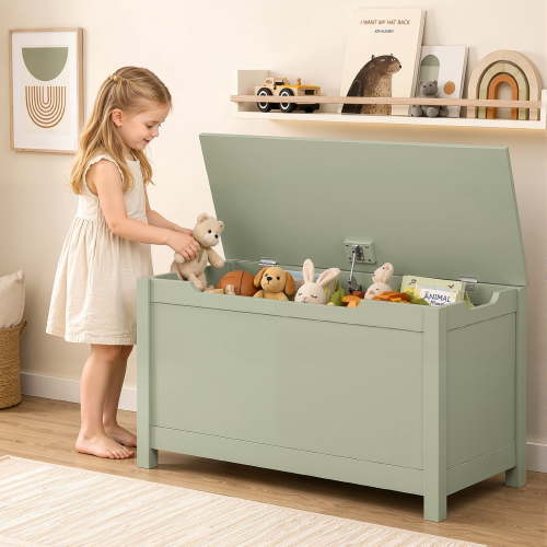 SESSLIFE Wooden Toy Chest for Kids & Toddlers, Toy Storage Box with Safety Hinged Lid, Toy Bench Organizer for Boys and Girls, Entryway Storage Bench Supports 160 lbs, Green