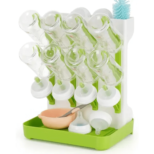 Baby Bottle Drying Rack, Space Saving Baby Bottle Organizer for Countertop, Vertical Bottle Dryer Holder with Brushes Holder, Large Bottle Storage Holder 12 Bottles & Baby Accessories Green