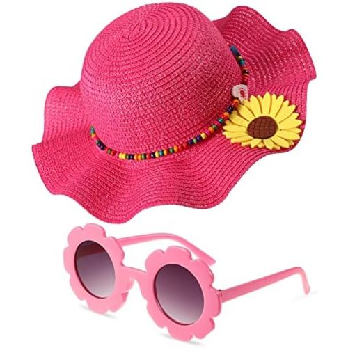 Summer Straw Hat for Girls Large Brim Sunflower Beach Hat Cute Flower Sun Hat with Flower Round Sunglasses