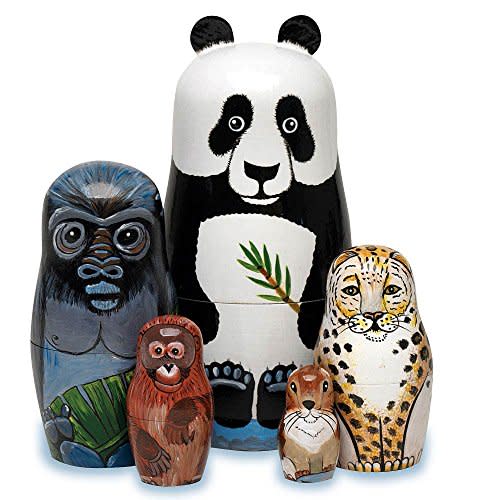 Bits and Pieces - Nesting Endangered Species-Hand Painted Wooden Nesting Dolls - Set of 5 Dolls from 5.5" Tall