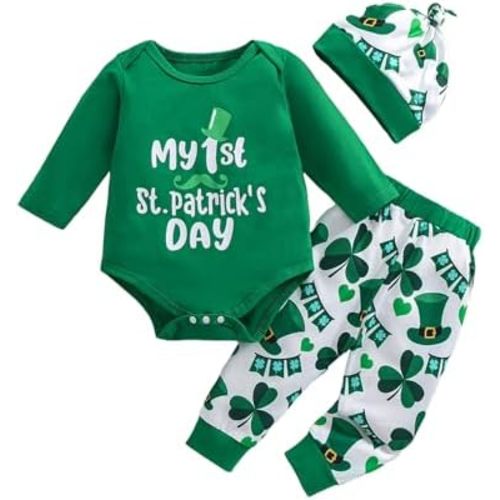 QITUDATEY Newborn Infant Baby Boy Girl St Patricks Day Outfit Long Sleeve bodysuit Bodysuit Lucky Pants Hat 3Pcs Set