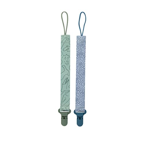 Nuby Pacifinder Baby Pacifier Clip - (2-Pack) - Pacifier Holder Clip with Convenient Hook Loop - Blue Dots and Green Dino