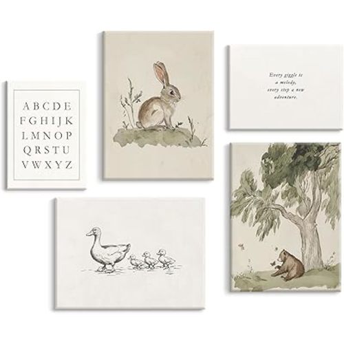 Vintage Nursery Wall Art Kids Canvas Prints Baby Boys Wall Decor Animal Pictures Bunny Poster Neutral Children Prints Duck Painting Woodland Bear Artwork for Farmhouse Bedroom 8x10 Inch Ready to Hang
