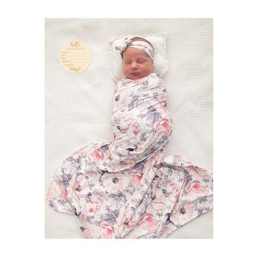 Vollmic Newborn Baby Girl Receiving Blanket Swaddle Blanket Stretchy Knit Swaddle Set with Matching Headband and Beanie (Ink Pink)