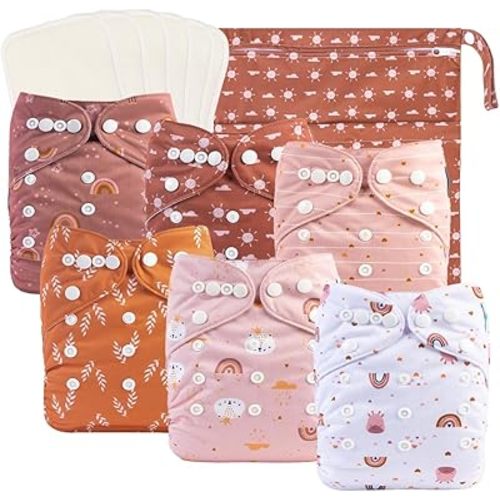 babygoal Baby Cloth Diapers 6 Pack with 6pcs Rayon from Bamboo Inserts and Wet Bag, One Size Reusable Washable Pocket Nappy Covers for Infant Boys and Girls 6FG04