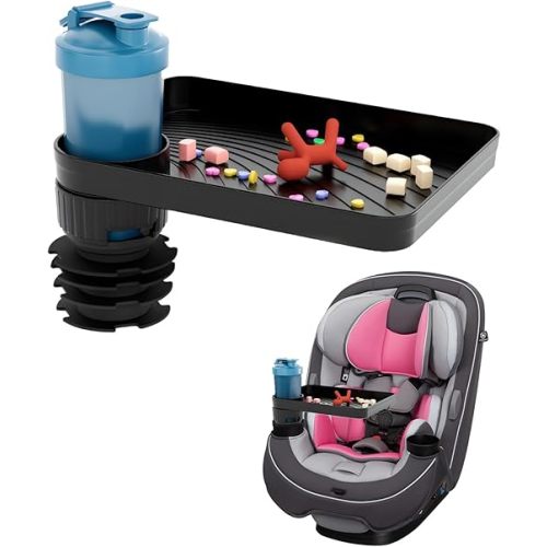 SEVEN SPARTA Car Seat Tray for Kids Toddler Travel with Soft Rubber Base, Rotatable and Removable Cup Holder Snack Tray for Food Color and Play for Family Road Trip Essentials (1, Large Base)
