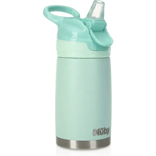 Nuby Thirsty Kids No Spill Flip-It Reflex Stainless Steel Travel Cup or Water Bottle - 10 Oz - 18+ Months - Aqua Mint