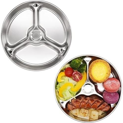 Korean Stainless Steel Divided Round Plates, Little Kids Toddlers Babies Tray, BPA Free, Diet Control, Camping Dishes, 8 Inch Compact Serving Platter, 3 Compartment Plate, Set of 2