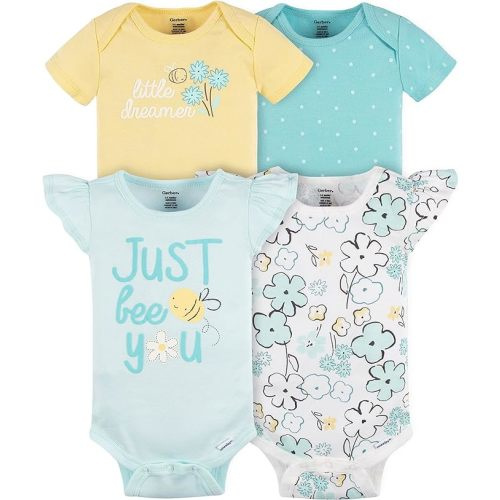 Gerber baby-girls 4-pack Short Sleeve Onesies Bodysuits - Blue Bee
