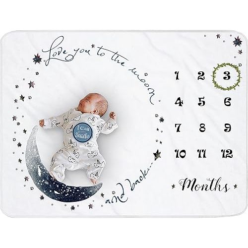 Moon Baby Monthly Milestone Blanket Boy, Newborns Month Blanket Gift for Baby Shower, Soft Plush Photo Prop Blanket for Boy&Girl, Wreath &12 Stickers Included, Large 51''x40''