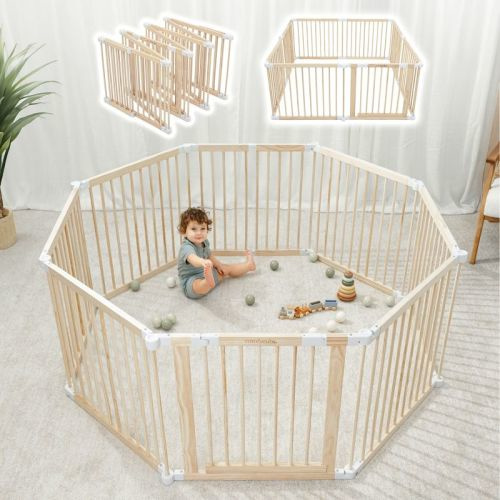 Baby Playpen & Baby Gate for Toddler and Babies, Foldable Wooden Large Shape Playpen with Locking Gate by Comfy Cubs, Color: Light wood white