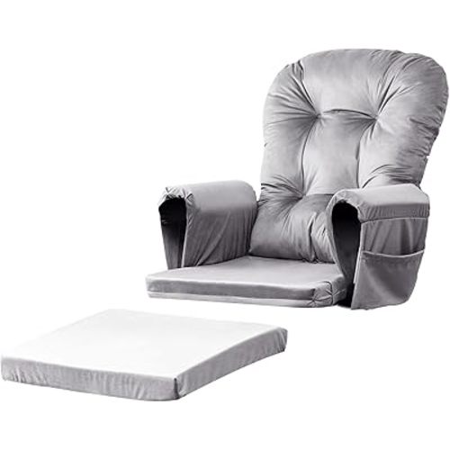 Lucky Monet 5Pcs Glider Rocker Replacement Cushions - Velvet Glider Cushions Replacement Set with Side Storage Pockets, Thick Glider Chair Cushions Washable & Non Slip, Cushion ONLY - Gray