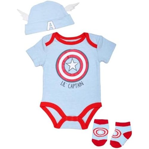 CAPTAIN AMERICA Marvel Baby Boys’ Three Piece Clothing Set - Bodysuit, Cap, and Booties Clothes for Baby