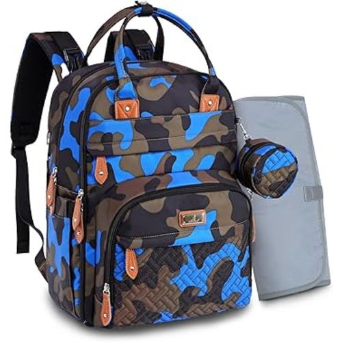 BabbleRoo Diaper Bag Backpack - Baby Essentials Travel Tote - Multi function Waterproof Diaper Bag, Travel Essentials Baby Bag with Changing Pad, Stroller Straps & Pacifier Case - Unisex, Blue Camo