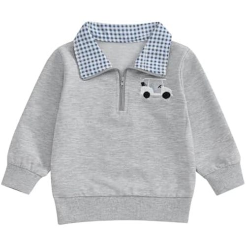 Gueuusu Toddler Baby Boy Golf Outfit Golf Flag/Cart Embroidery Quarter Zip Sweatshirt Plaid Lapel Long Sleeve Polo Shirt Top