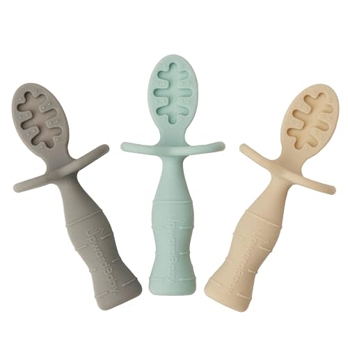 UpwardBaby 3-Pack Silicone Baby Feeding Spoons with Anti-Choke Barrier for Self Feeding 6 Months, Infant First Stage Textured Toddler Utensils, Baby Led Weaning Spoons