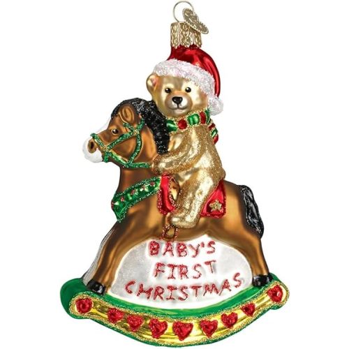 Old World Christmas Rocking Horse Teddy Glass Blown Ornament for Christmas Tree, Handcrafted Holiday Decoration, Baby’s First Christmas Collection