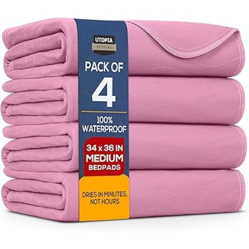 Utopia Bedding Washable Underpads 34" x 36" (Pack of 4), Waterproof Reusable Heavy Absorbency Incontinence Bed Pads for Adults, Kids, Elderly and Pets, Bedwetting Pads for Sofa and Couch (Pink)