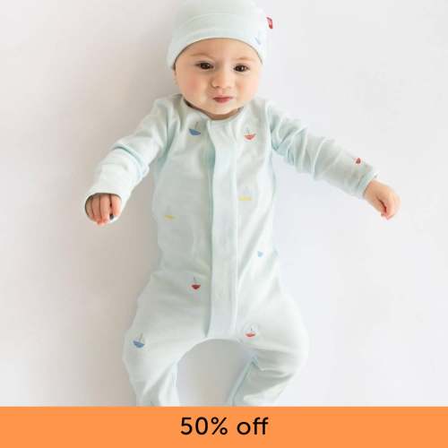 sail-ebrate good times organic cotton magnetic parent favorite footie + hat set