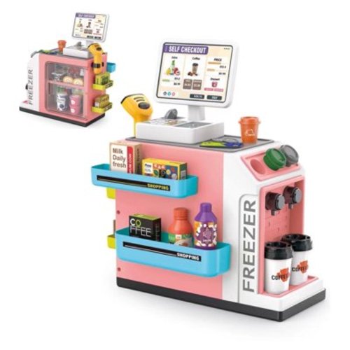 Cash Register for Kids, Kids Pretend Play Cash Register Toys, 46PCS Upgraded, Kids Cash Register With Scanner, Play Money, Play Food, Toy Credit Card for Toddlers Boys & Girls, Ages 3 4 5 6 7, Pink