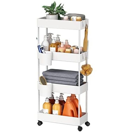 Pipishell Slim Storage Cart with Wheels, 4 Tier Bathroom Storage Organizer Rolling Utility Cart for Bathroom Kitchen Laundry Room Office Narrow Place (White)