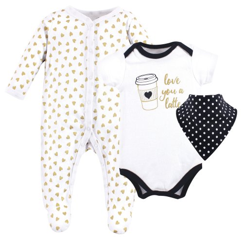 Hudson Baby Infant Girl Cotton Sleep and Play, Bodysuit and Bandana Bib Set, Latte