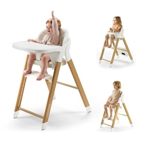 High Chair for Babies and Toddlers, 8-Level Adjustable Foldable Convertible Baby Highchair with Removable Tray, Ergonomic Feeding Chair Transitions from Infant to Adult, Wood-Look Metal