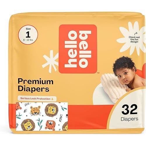 Hello Bello Diapers, Size 1 (8-12 lbs) Wild Cats, 32 Count of Premium Disposable Baby Diapers, Hypoallergenic with Soft, Cloth-Like Feel