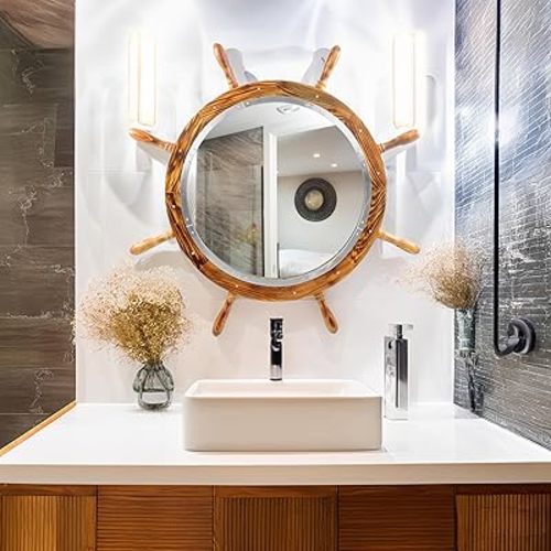 Nagina International Wooden Antique Brown Torched Santorini Beautiful Nautical Sturdy Large Mirror Ship Wheel | Bathroom & Room Wall Mounted Mirrors (24 Inches)