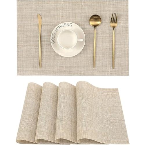 Leetaltree Beige Placemats Set of 4 - Heat-Resistant, Non-Slip Table Mats, Washable Woven Vinyl for Indoor & Outdoor Dining