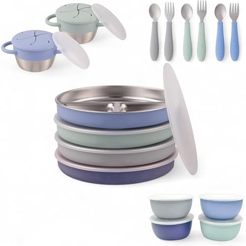 Elk and Friends Kids Stainless Steel Mealtime Bundle | 16 Pcs Dinnerware Set | Plates, Bowls, Snack Cups & Toddler Utensils | Travel Storage Lids | Dishwasher Safe