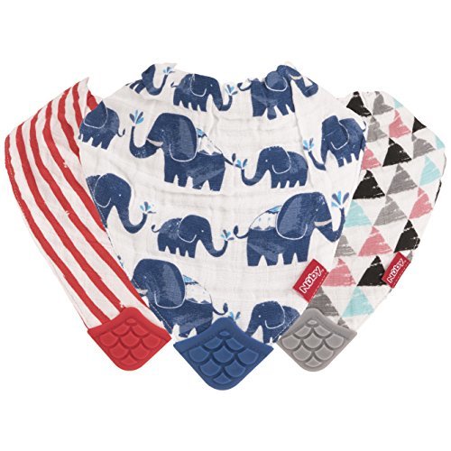 Nuby Reversible 100% Natural Cotton Muslin 3 Piece Teething Bib, Grey/Red/Blue, Arrows/Red Stripes/Elephants