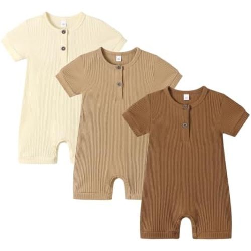 Bafeicao Baby Boy Girl 2/3 Pack Solid Romper Ribbed Short/Long Sleeve Bodysuit Jumpsuit Infant Knitted Outfits Clothes
